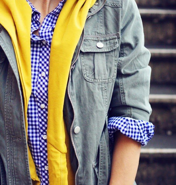 Pinterest told me to wear Blue Gingham, Mustard, and a Military Jacket…..so I did.  :)