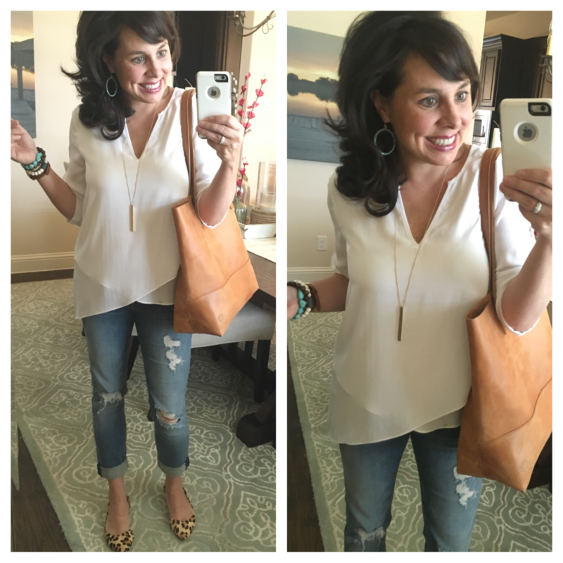 fashionable tote with jeans